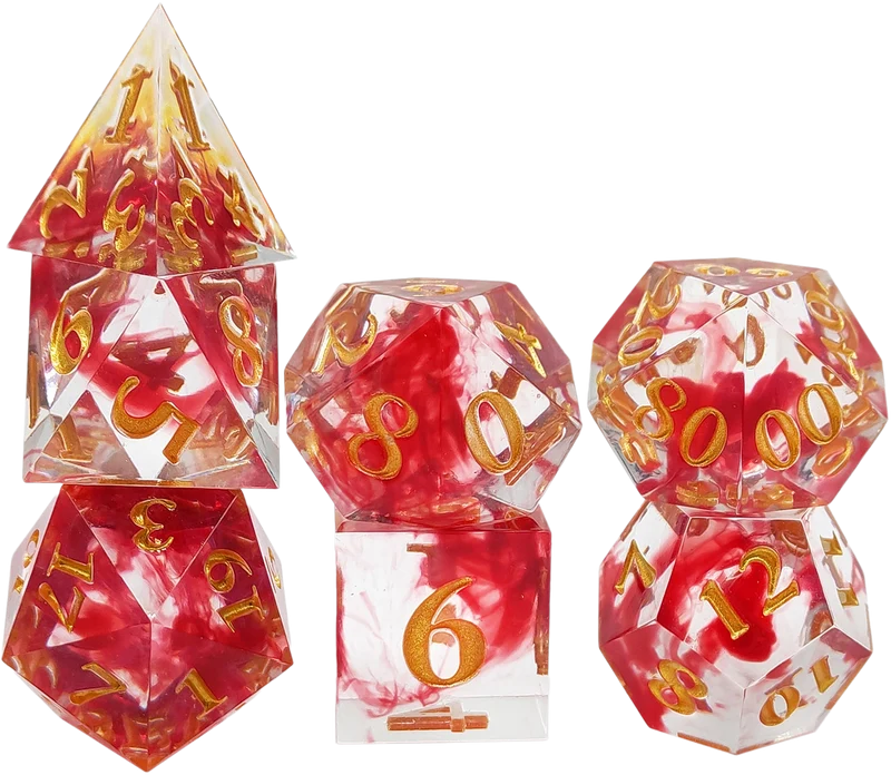 Crimson Swirl Translucence Sharp Edged Resin Dice Set - Transparent