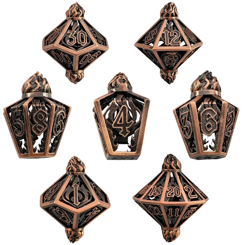 Emberclad Brewmaster's Bottle Hollow Metal DND Dice Set Unusual Dice Set - Bronze