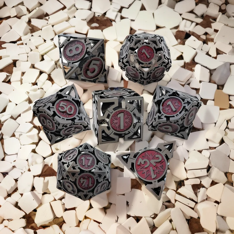Shadow Inferno Dragon's Mark Arrow Hollow Metal DND Dice Set - Black Dark Red