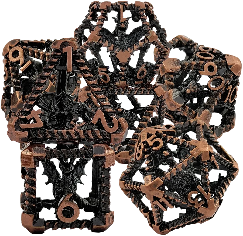 Twilight Vanguard Caged Wyrm Precision Hollow Metal DND Dice Set - Bronze