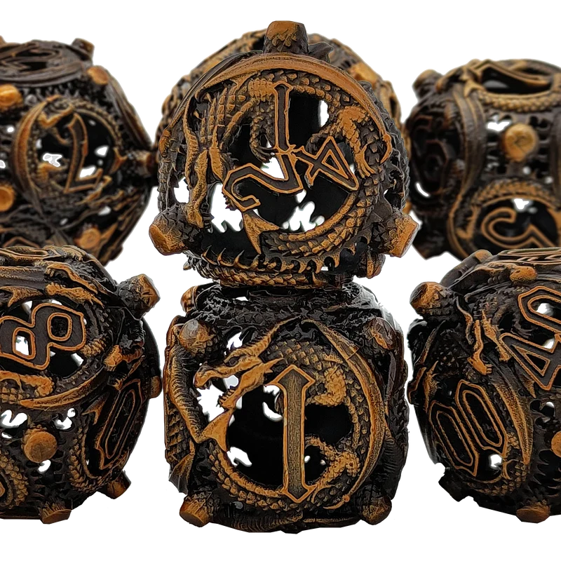 Dragon's Hoard Elven Dragon Dice Rounded Edge Dragon Dice Hollow Metal DND Dice Set Smooth Edged Dice - Bronze