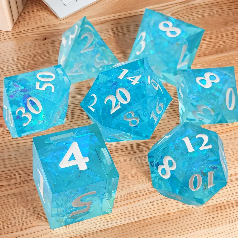 Azure Reflections Sharp-Edged Transparent Blue Resin Dice Set