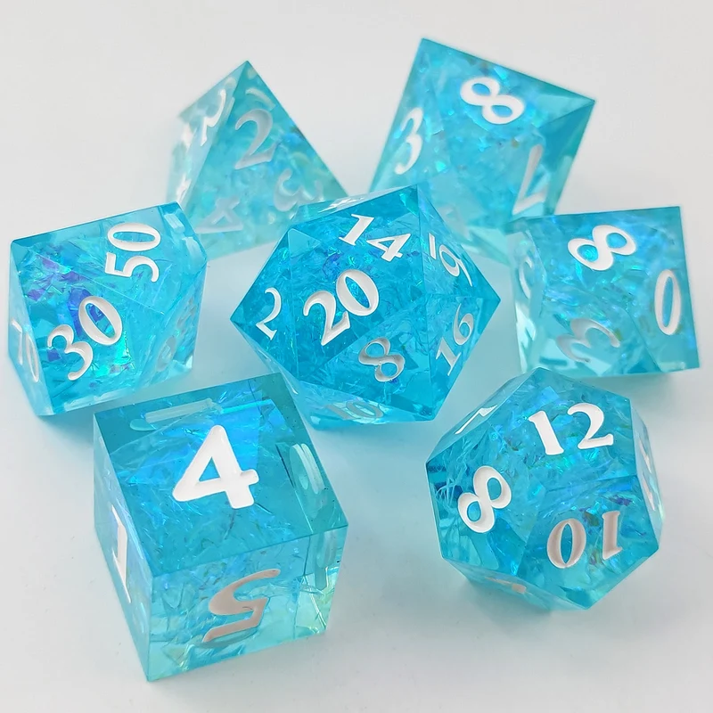Azure Reflections Sharp-Edged Transparent Blue Resin Dice Set