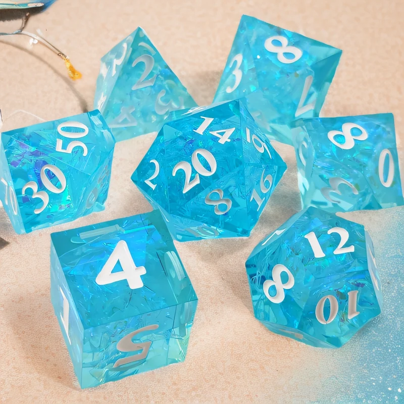 Azure Reflections Sharp-Edged Transparent Blue Resin Dice Set