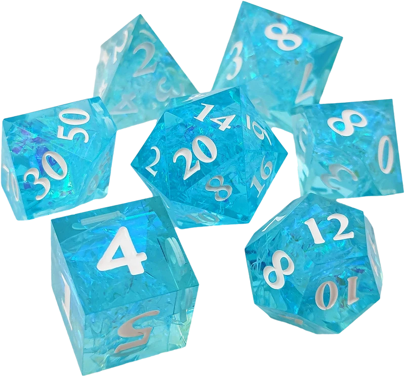 Azure Reflections Sharp-Edged Transparent Blue Resin Dice Set