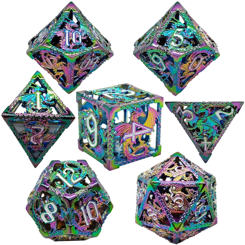 Dragonfire Alloy Hollow Metal DND Dice Set - Green Purple