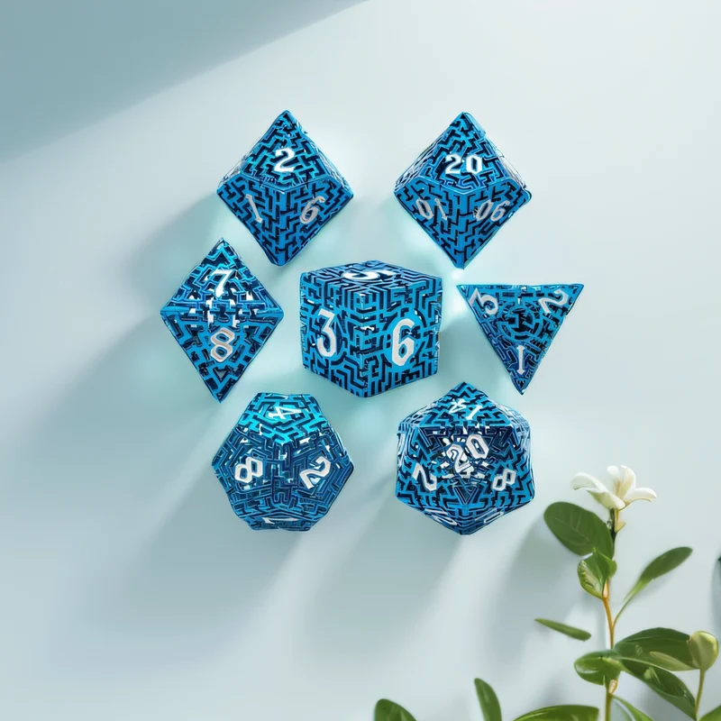 Azure Maze Forge Blue Hollow Metal DND Dice Set