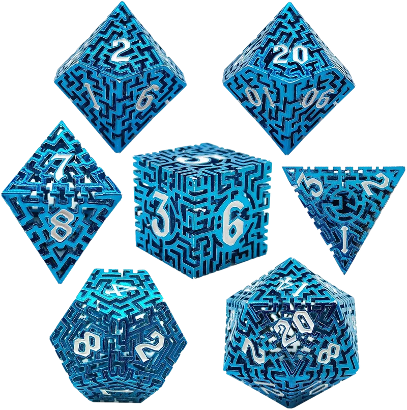 Azure Maze Forge Blue Hollow Metal DND Dice Set