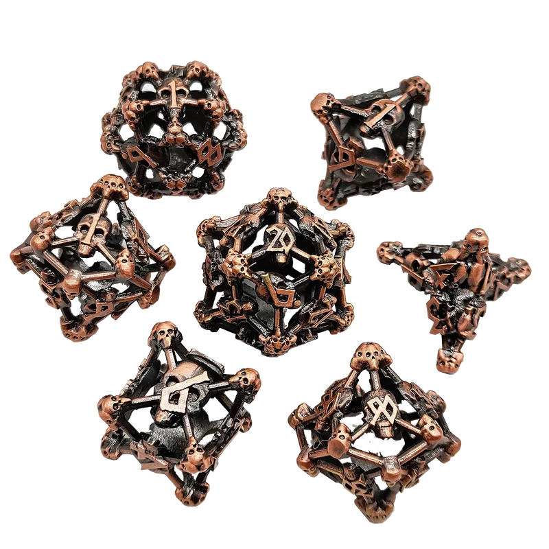 Shadowed Skull Hollow Metal DND Dice Set - Bronze