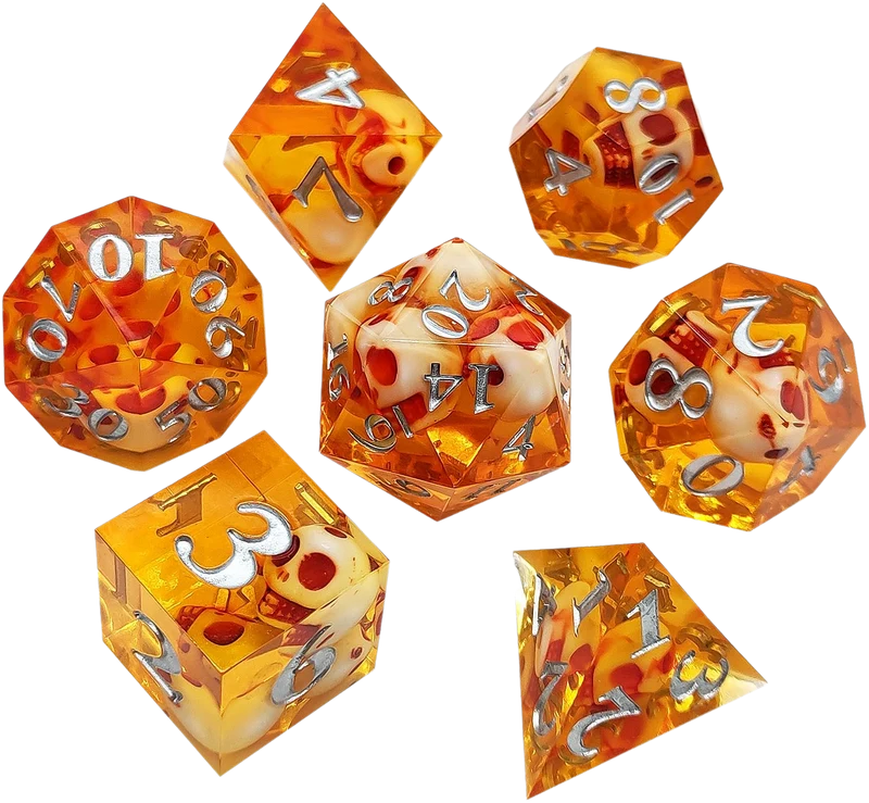Cursed Skull Amber Clarity Sharp Edged Resin Dice Set - Amber Transparent
