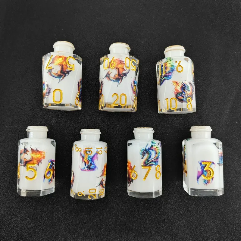 Dragonbrew Potion Bottle Dice Set – Sharp Edge Resin DnD Dice with Dragon Artwork (D4 D6 D8 D10 D12 D20)