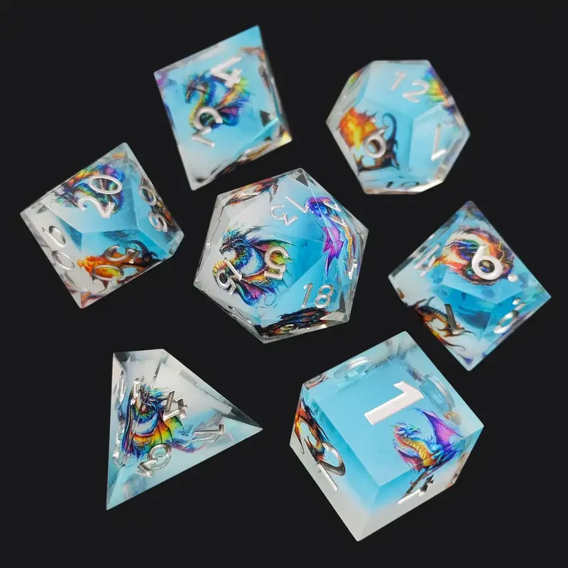 Sharp Edge Resin Dice Set – Dragon Engraved Polyhedral Dice for DnD (D4 D6 D8 D10 D12 D20)