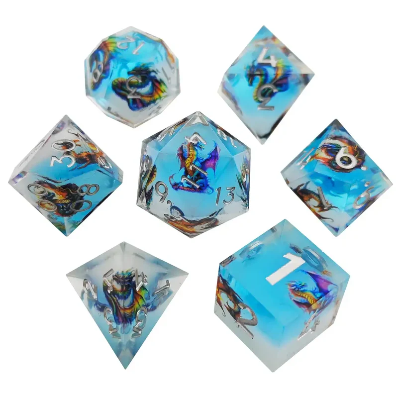 Sharp Edge Resin Dice Set – Dragon Engraved Polyhedral Dice for DnD (D4 D6 D8 D10 D12 D20)