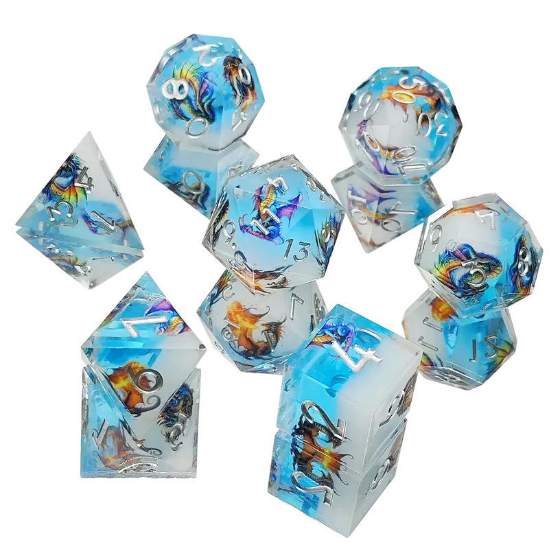 Sharp Edge Resin Dice Set – Dragon Engraved Polyhedral Dice for DnD (D4 D6 D8 D10 D12 D20)