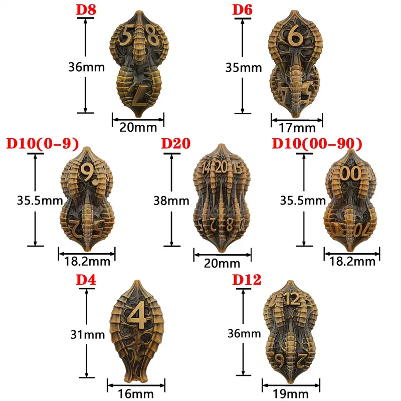 Elder Dragon Shell Metal Dice Set – Unique Peanut Shaped Polyhedral Dice for DnD (D4 D6 D8 D10 D12 D20)