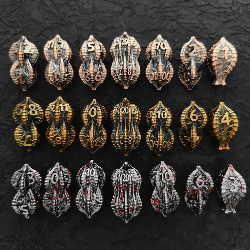 Elder Dragon Shell Metal Dice Set – Unique Peanut Shaped Polyhedral Dice for DnD (D4 D6 D8 D10 D12 D20)