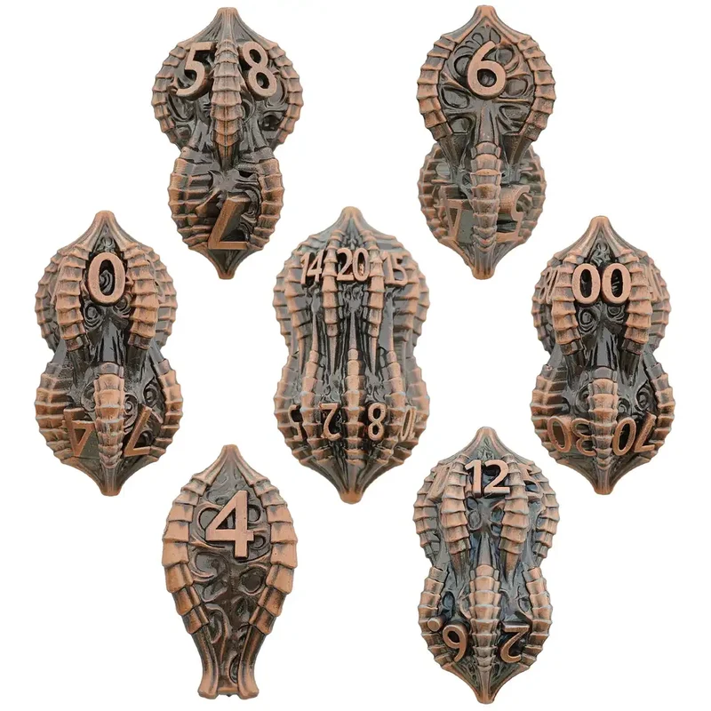 Elder Dragon Shell Metal Dice Set – Unique Peanut Shaped Polyhedral Dice for DnD (D4 D6 D8 D10 D12 D20)
