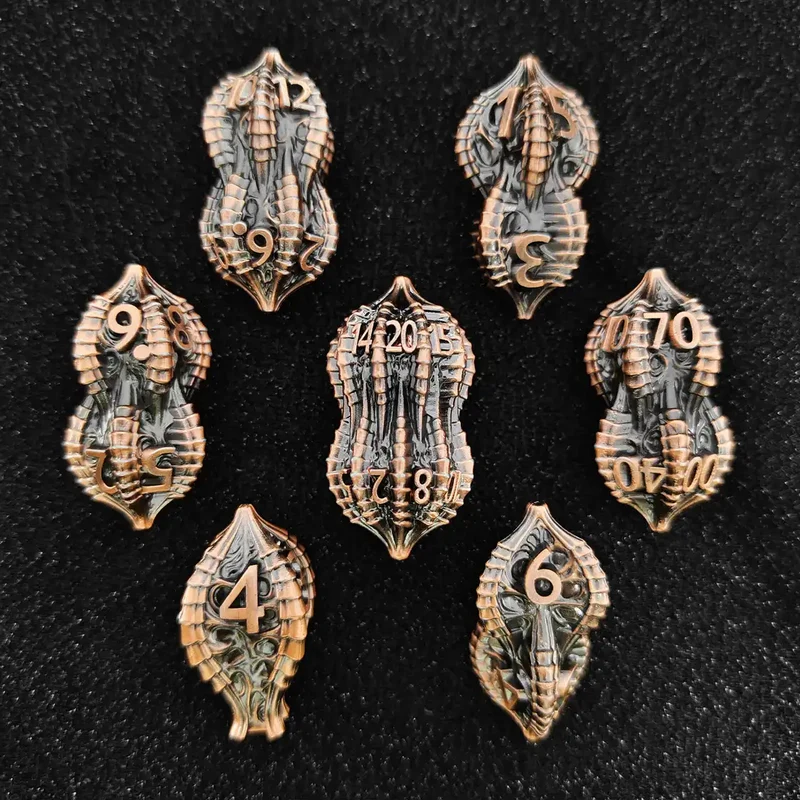 Elder Dragon Shell Metal Dice Set – Unique Peanut Shaped Polyhedral Dice for DnD (D4 D6 D8 D10 D12 D20)