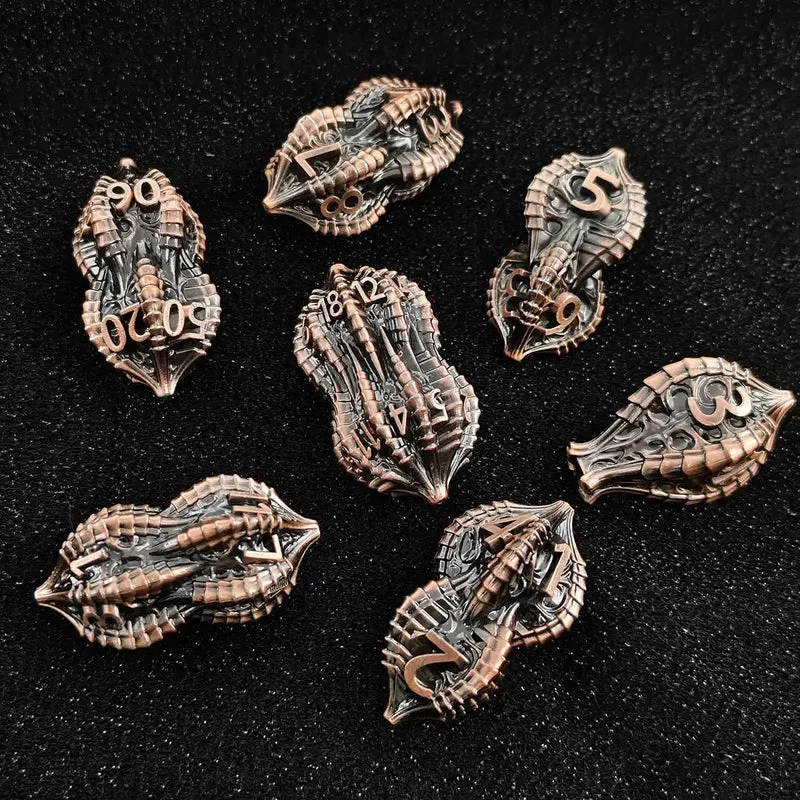 Elder Dragon Shell Metal Dice Set – Unique Peanut Shaped Polyhedral Dice for DnD (D4 D6 D8 D10 D12 D20)