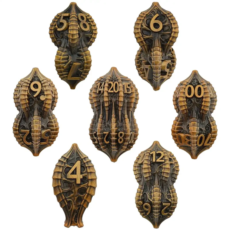 Elder Dragon Shell Metal Dice Set – Unique Peanut Shaped Polyhedral Dice for DnD (D4 D6 D8 D10 D12 D20)