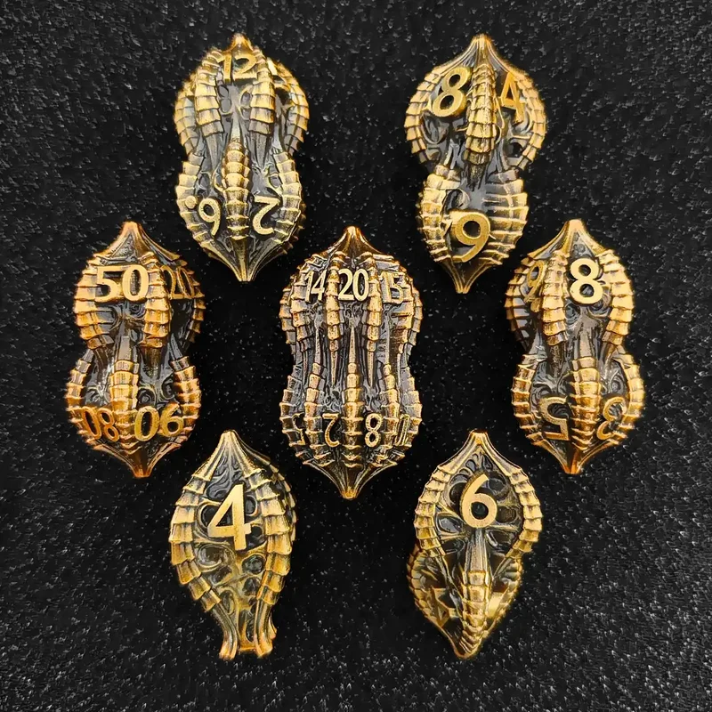 Elder Dragon Shell Metal Dice Set – Unique Peanut Shaped Polyhedral Dice for DnD (D4 D6 D8 D10 D12 D20)