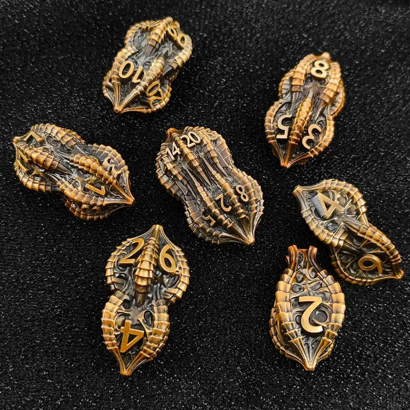 Elder Dragon Shell Metal Dice Set – Unique Peanut Shaped Polyhedral Dice for DnD (D4 D6 D8 D10 D12 D20)