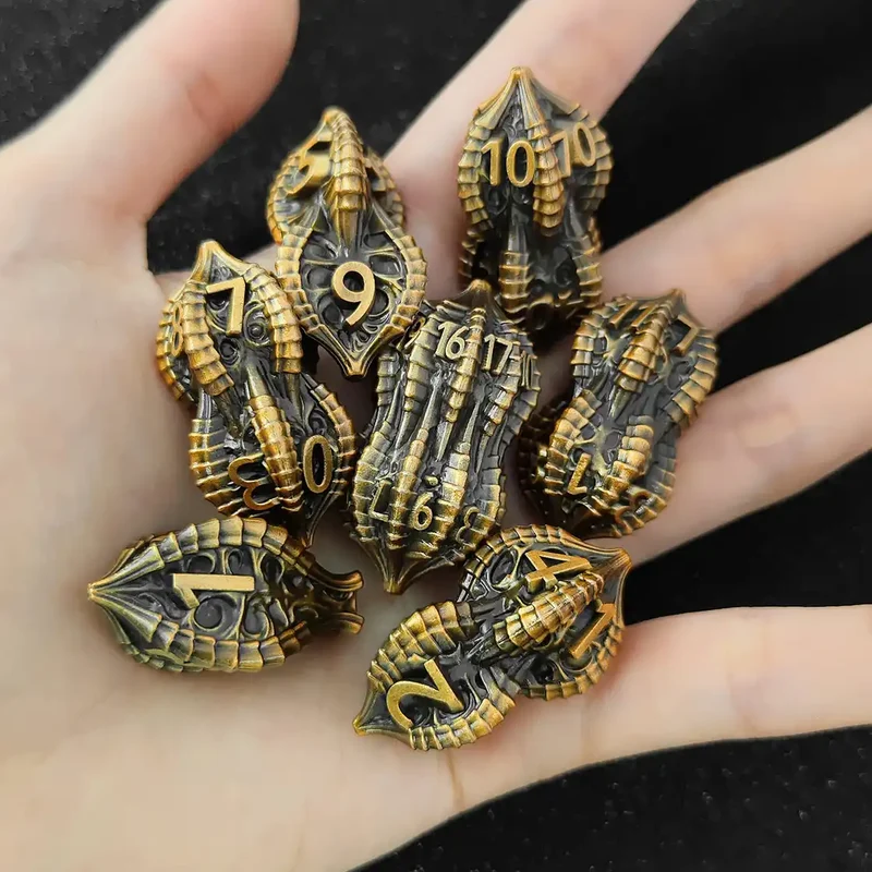 Elder Dragon Shell Metal Dice Set – Unique Peanut Shaped Polyhedral Dice for DnD (D4 D6 D8 D10 D12 D20)
