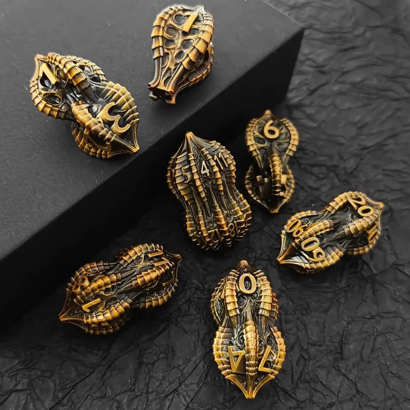 Elder Dragon Shell Metal Dice Set – Unique Peanut Shaped Polyhedral Dice for DnD (D4 D6 D8 D10 D12 D20)