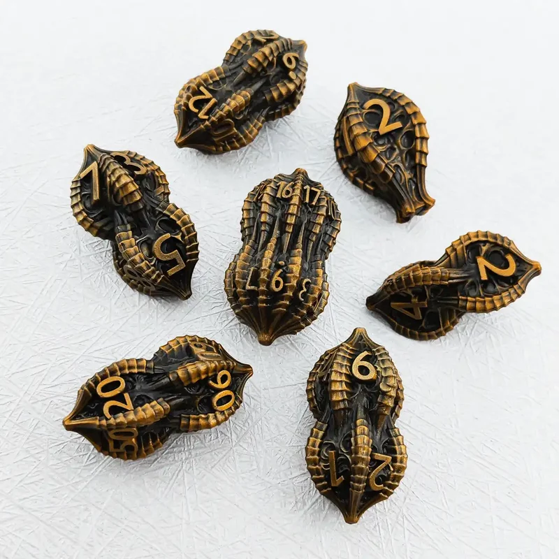 Elder Dragon Shell Metal Dice Set – Unique Peanut Shaped Polyhedral Dice for DnD (D4 D6 D8 D10 D12 D20)