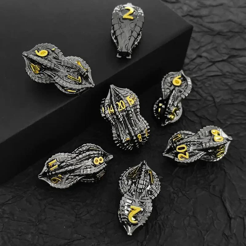 Elder Dragon Shell Metal Dice Set – Unique Peanut Shaped Polyhedral Dice for DnD (D4 D6 D8 D10 D12 D20)