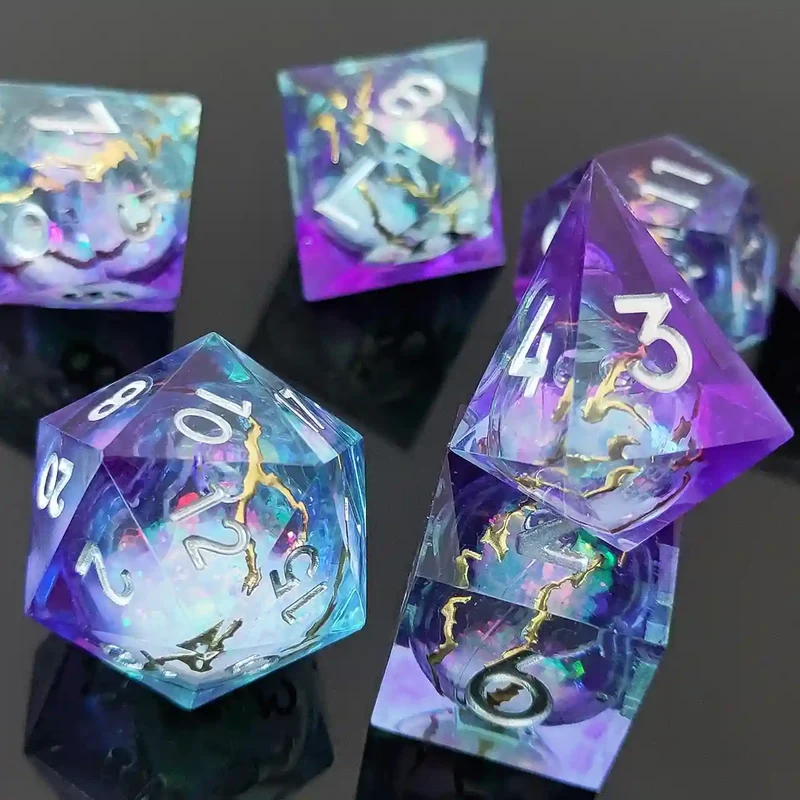Twilight Gilded Flow: Purple-Blue Liquid Sand Resin Dice Set Sand Flow Resin Dice Set