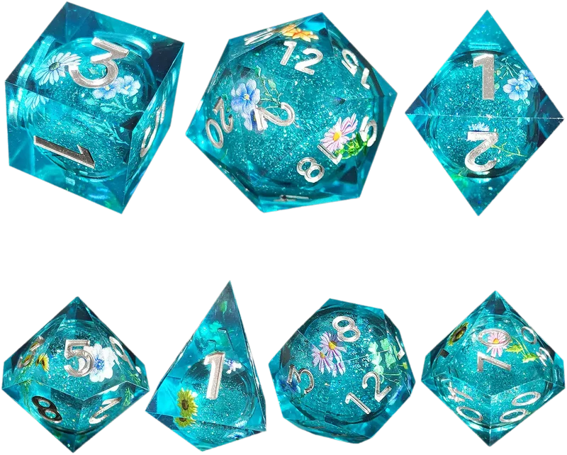 Floral Fantasy Azure Sand Sharp-Edged Resin Dice Liquid Core Dice-Flower Core Dice