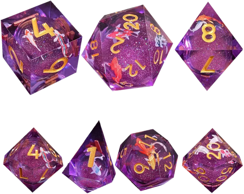 Enchanted Koi Amethyst Sand Sharp-Edged Resin Dice Liquid Core Dice-Fish Core Dice