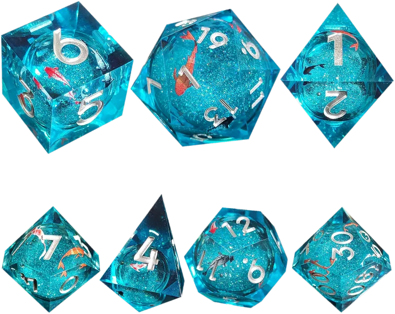 Celestial Koi Azure Sand Sharp-Edged Resin Dice Liquid Core Dice-Fish Core Dice
