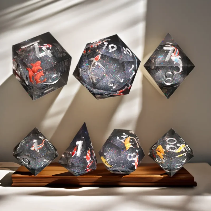Mystic Koi Glittering Sand Sharp-Edged Resin Dice Liquid Core Dice-Fish Core Dice