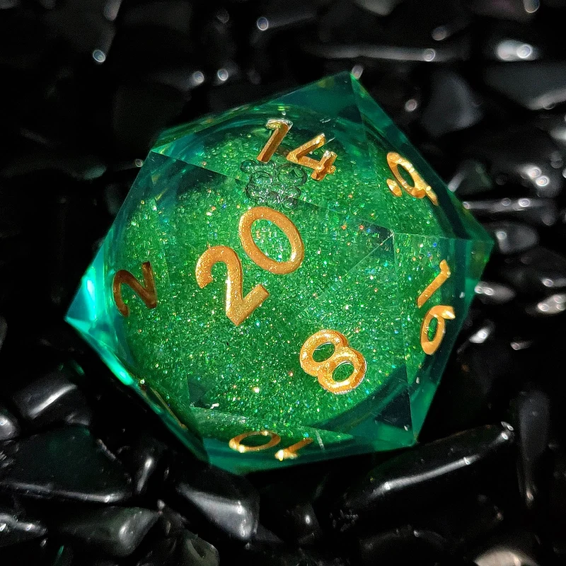 Emerald Stardust Liquid Core Sharp-Edged Resin D20 Dice - Green