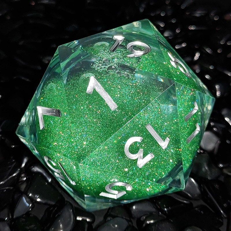 Emerald Stardust Liquid Core Sharp-Edged Resin D20 Dice - Green