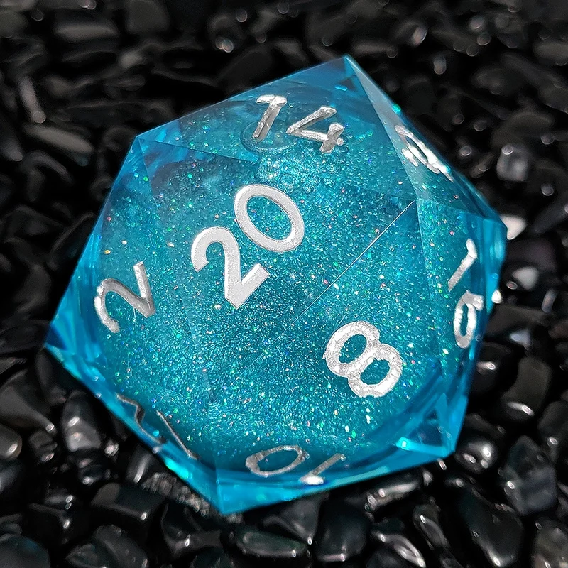 Mystic Azure Stardust Liquid Core Sharp-Edged Resin D20 Dice