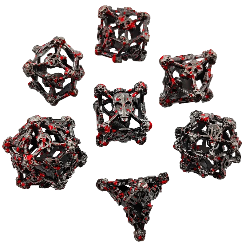 Shadow Crypt Bloodstained Skull Hollow Metal DND Dice Set - Black,Blood