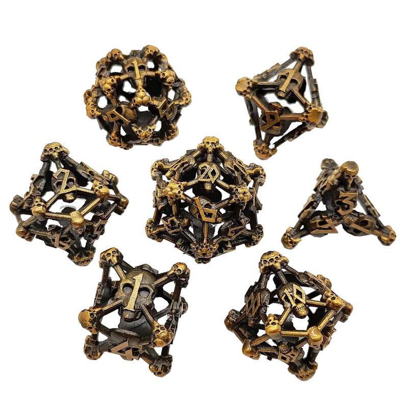 Copper Crypt Skull Hollow Metal DND Dice Set - Bronze
