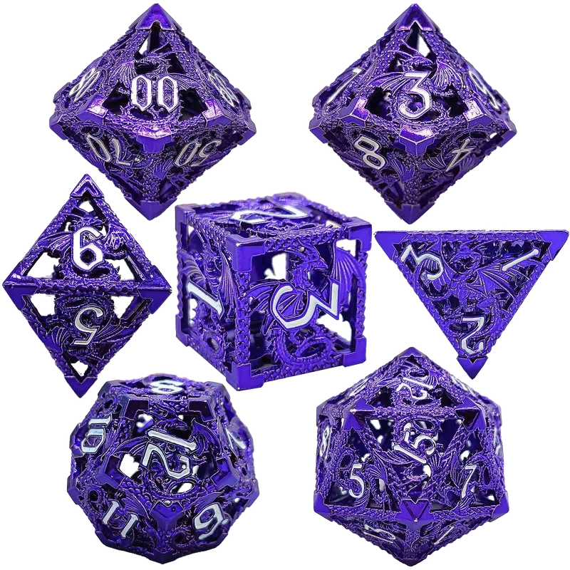 Purple Majesty Wyrm Hollow Metal DND Dice Set - Purple