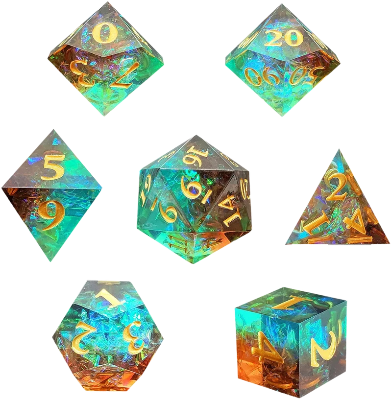 Verdant Depths Sharp Edged Resin Dice Set - Bronze Transparent