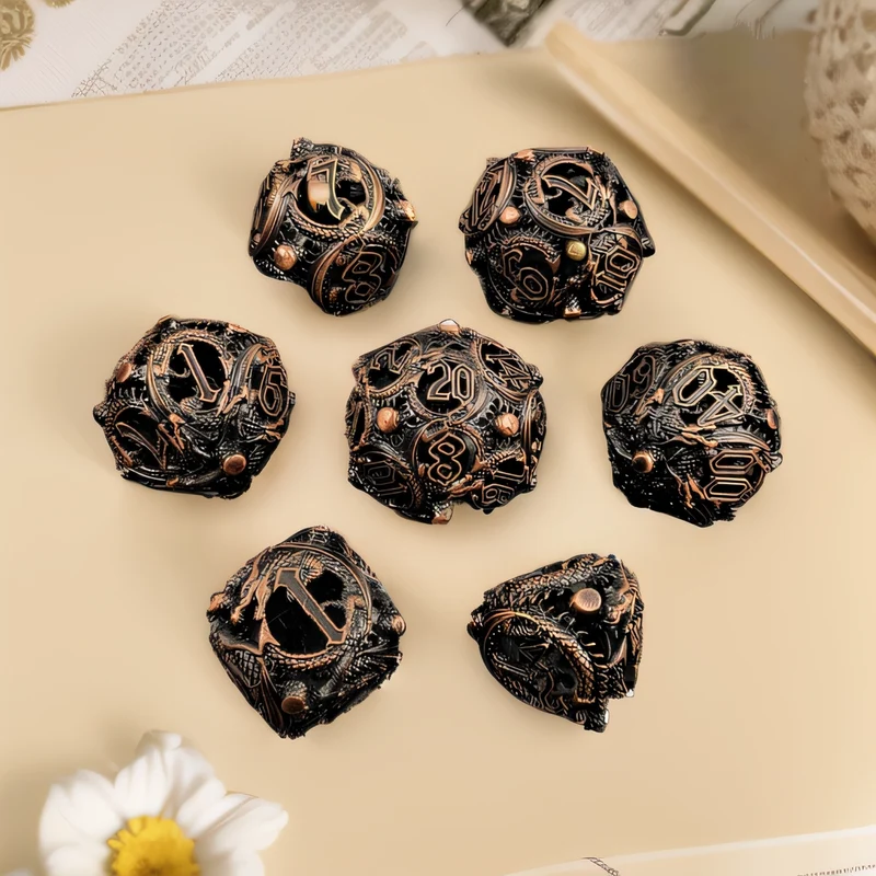 The Sphere of Scaled Fates Rounded Edge Dragon Dice Hollow Metal DND Dice Set Smooth Edged Dice Elven Dice - Bronze