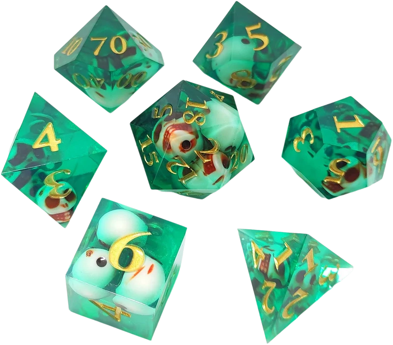 Spectral Skulls Sharp Edged Resin Dice Set - Green Transparent