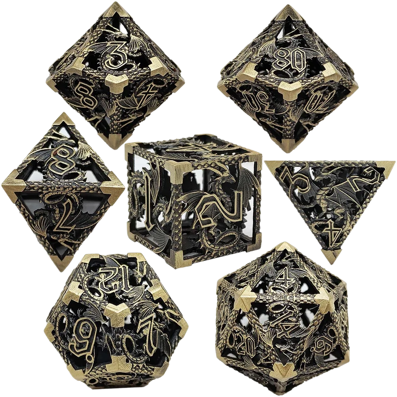 Gilded Nightshade Hollow Metal DND Dice Set - Brass Yellow Black