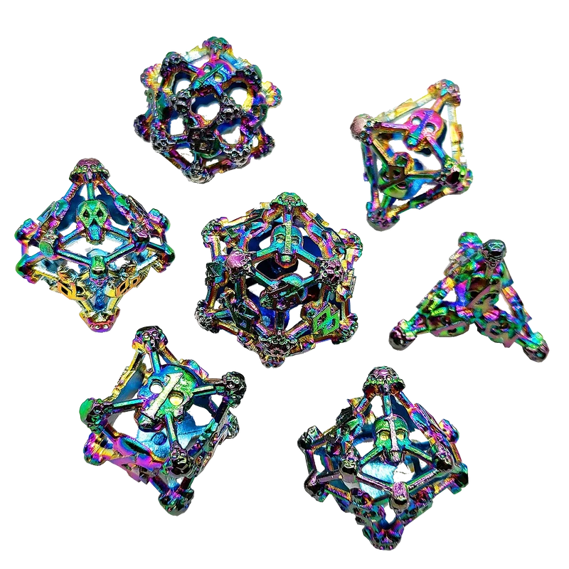 Chromatic Bone Skull Hollow Metal DND Dice Set - Colorful