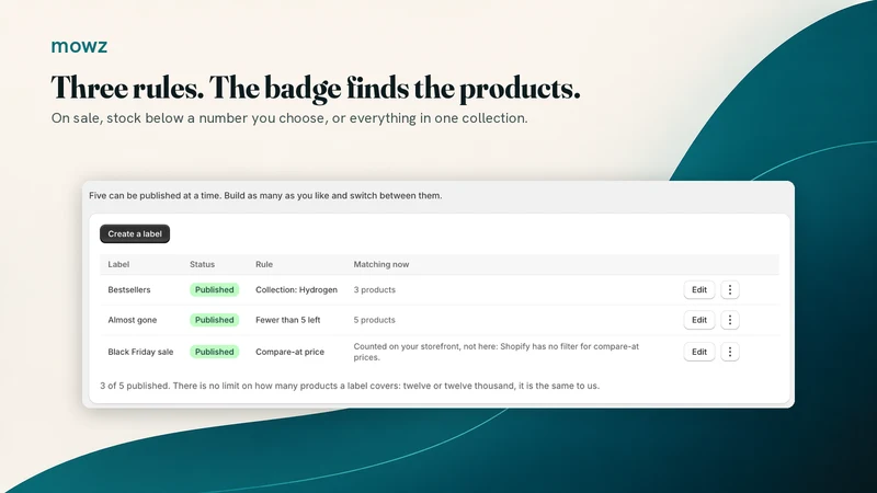 Mowz Product Labels & Badges