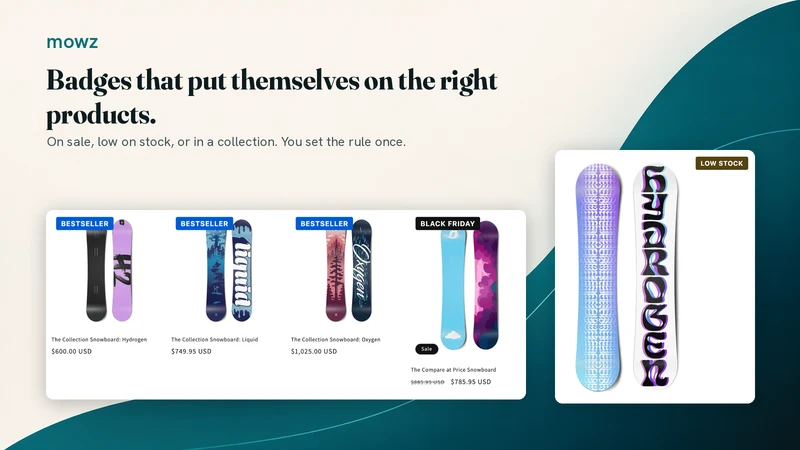 Mowz Product Labels & Badges