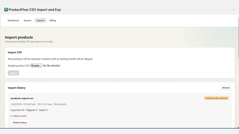 ProductFlow CSV Import and Exp