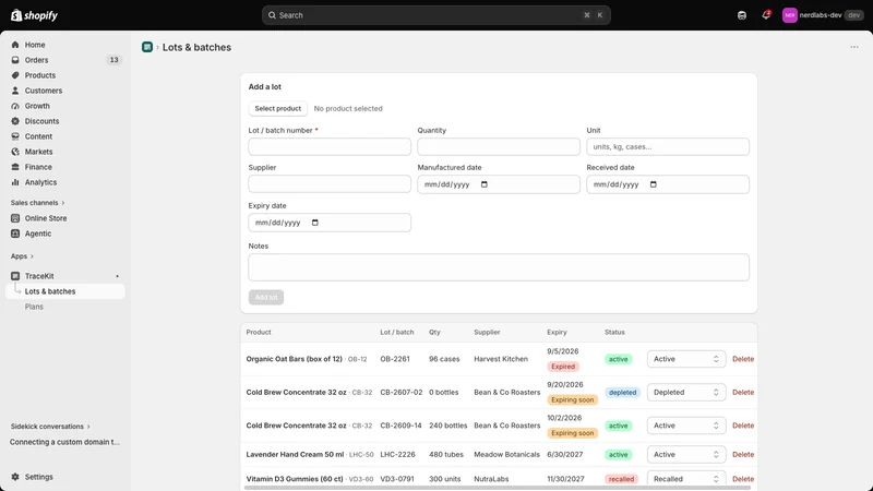 TraceKit Lot & Expiry Tracking